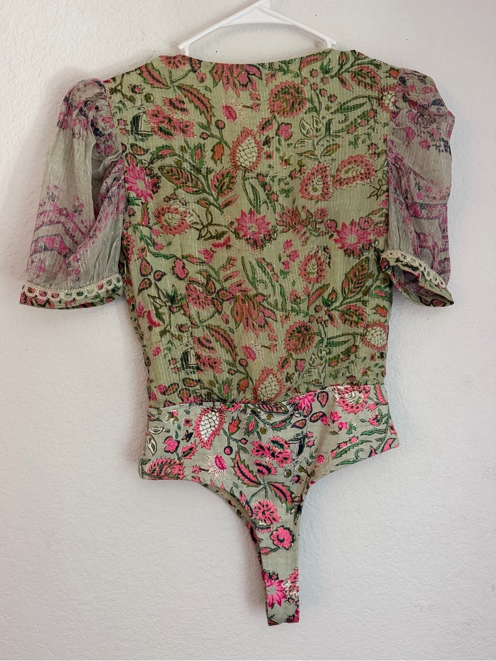 HEMANT & NANDITA Sage Green Floral V-Neck Puff Sleeve Top with Pink Accents - Picture 4 of 9